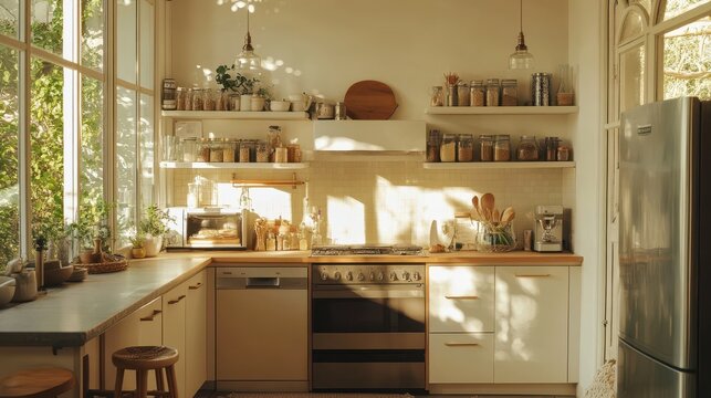 Bright and airy kitchen filled with natural sunlight and cooking tools