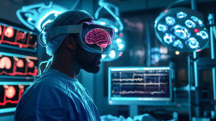 Surgeon using advanced virtual reality glasses in high-tech operating room. concept of future medicine, innovative surgery, medical technology, doctor, Healthcare Technology