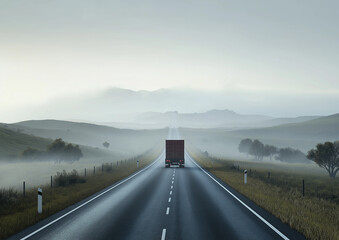 CLOSE UP LENS FLARE: Semi truck driving and hauling goods on empty highway across the Great Plain