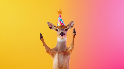 Fototapeta premium Cheerful deer celebrating with a festive party hat on vibrant colorful background. concept of joyful wildlife, quirky celebration, festive pet, funny animal, humor. Copy space