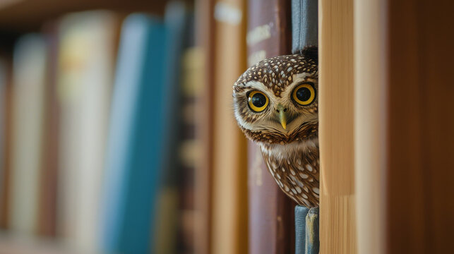 Curious owl peeking from bookshelf in library. concept of nature curiosity, wildlife observation, animal exploration, funny animal, humor. Copy space