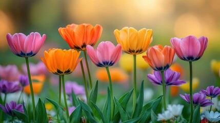 Obraz premium Colorful tulips in a spring garden at sunset