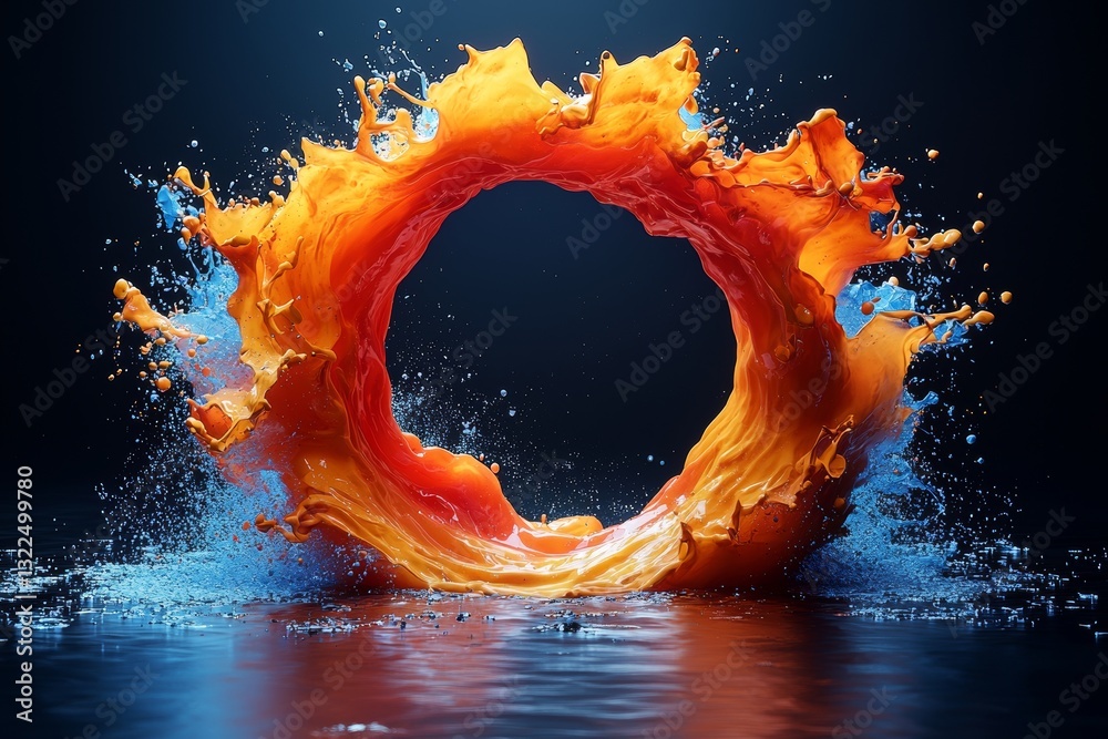 Poster a circular design showcasing liquid dynamics and an explosive effect. sinuous waves in a rainbow of 