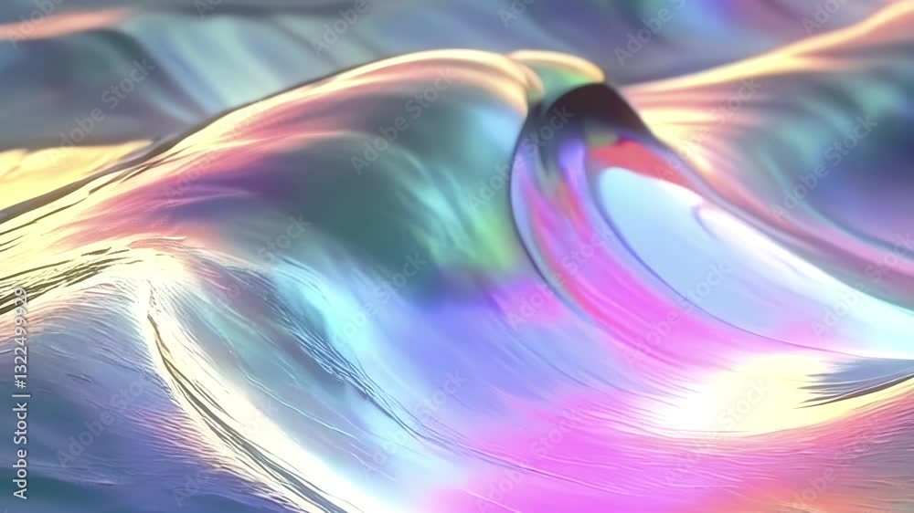 Poster Abstract animation of flowing abstract lines of shimmering material with a soft palette of lilac, azure and sunshine. The composition is fluid like shimmering light on water