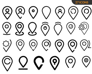 A location line set icon includes minimalist vector icons representing map pins, GPS markers, navigation arrows, and geolocation symbols, ideal for apps, websites, branding, maps, and digital designs.