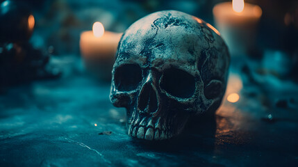 Human Skull Resting on a Dark Altar with Mysterious Candlelight in a Creepy Gothic Setting