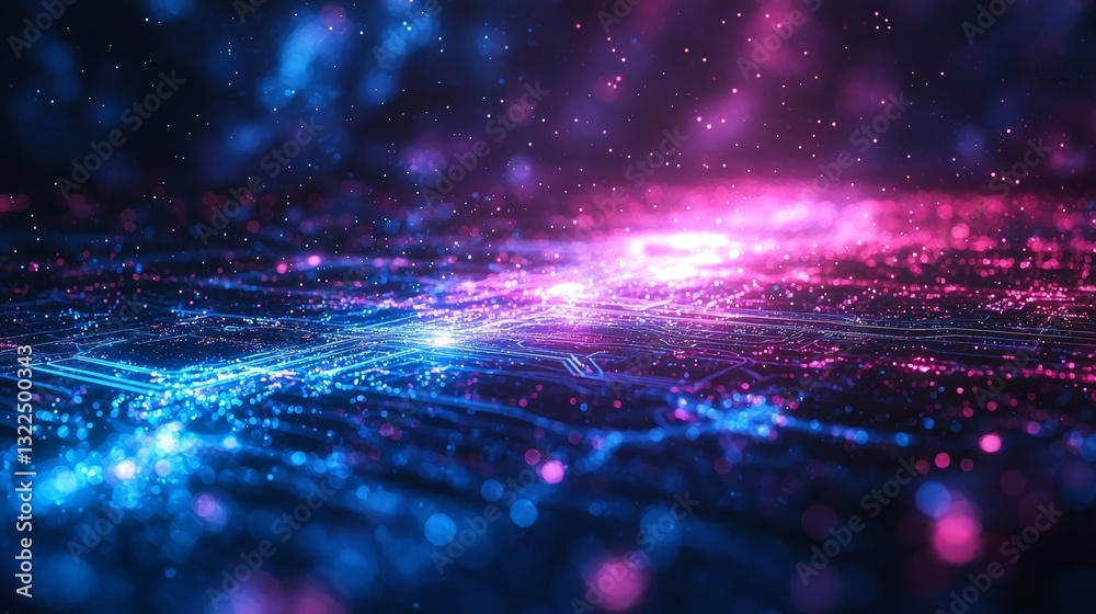 Poster abstract visualization of digital technology with tiny particles linked by colorful lines, shown fro
