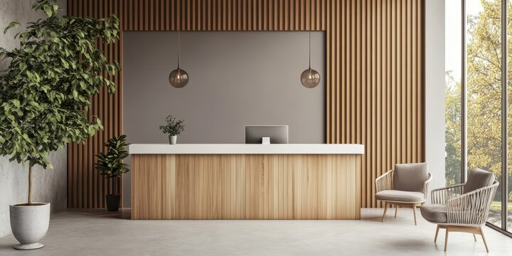 An interior depiction of a modern reception desk with seating