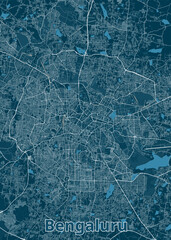 This is a detailed map of Bengaluru, India, rendered in a minimalist style. The map features a dark blue background with white lines representing roads and streets.