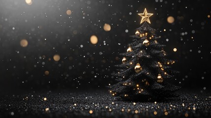 Naklejka premium Golden Illuminated Christmas Tree Banner on a Black Background