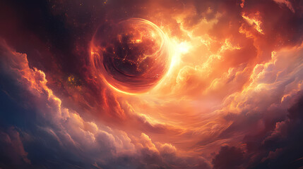 Fototapeta premium Swirling clouds of light and mist envelop an ascending, glowing sphere, mystical, ascension. Hazy Luminescence. Illustration