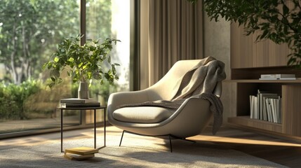 A cozy nook within the home office reveals an elegant armchair draped with a soft blanket with natural light pouring in casting a gentle glow on a side table adorned with books and