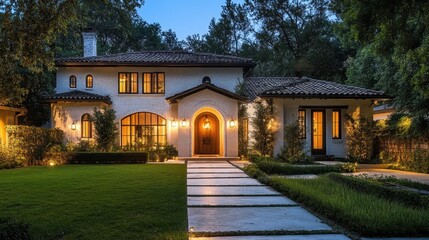 Fototapeta premium A large residential house with night lighting in a garden