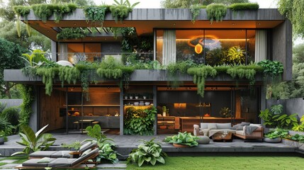 Obraz premium Modern rooftop garden featuring outdoor kitchen area with living wall and comfortable lounge space