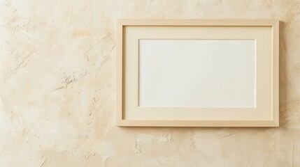 Modern Thin Beige Wooden Picture Frame Hanging On Light Beige Textured Wall Background