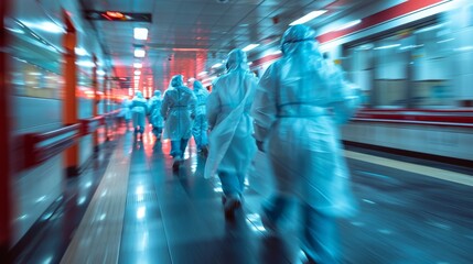 Obraz premium Motion Blurred Photograph of Hospital Interior with Doctor and Staff Working Quickly