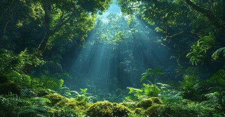 In a close-up, thick fog cloaks a dark mystic laurel forest where lush ferns and green moss adorn the tree trunks, creating an old, dense, mesmerizing woodland