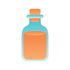 Colorful vector illustration of a glass potion bottle with orange liquid and blue stopper in flat design style