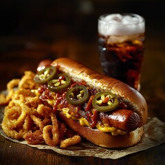 Savory hot dog with BBQ sauce, jalapenos, onions, and crispy onion rings, served with a soda