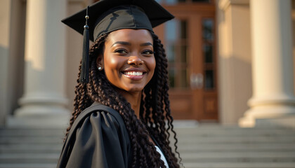 Smiling graduate in cap and gown standing on university steps