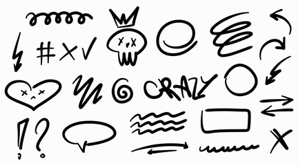Hand drawn graffiti doodles. Includes scribble, arrows, skull, heart, symbols, and expressive strokes. Perfect for street art, urban designs, posters. © Alice Unicorn