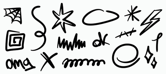 Set of hand drawn graffiti doodles. Includes abstract symbols, scribble, stars, lightning, swirls, and expressive strokes. Perfect for urban design, street art, and social media.