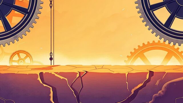 earthquake concept, Industrial gears in an orange backdrop
