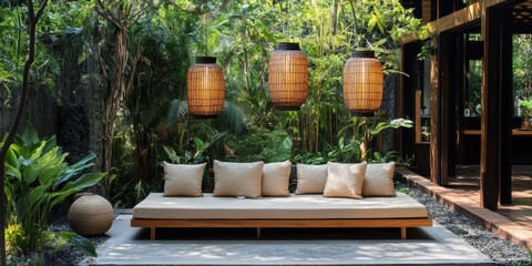 A tranquil outdoor living space surrounded by lush tropical foliage
