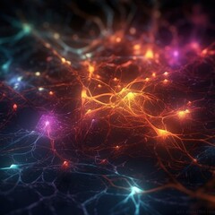 Network of Billions of Highly Connected Small Neurons with Few Synapses Firing Neon Glow Cinematic