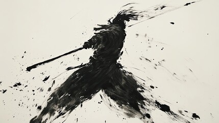 Sumi-e Painting of a Warrior Holding His Spear in Battle