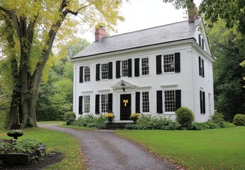 Charming White Colonial House Surrounded by Lush Green Trees and Beautiful Flower Beds in a Serene Country Setting