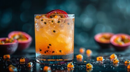 Orange cocktail garnished with passion fruit on dark moody bar background drink photography