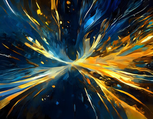 Fototapeta premium Explosive bursts of yellow and white light radiate from a central point against a dark blue backdrop
