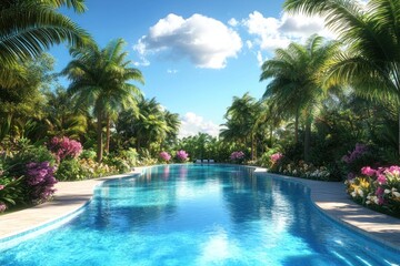 Serene tropical pool, lush landscaping, sunny day.