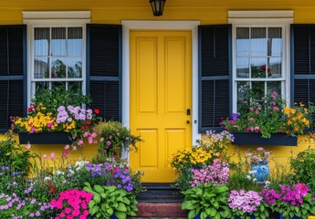 Charming Yellow Door Surrounded by Colorful Flower Beds and Bright Green Foliage in a Quaint Garden Setting