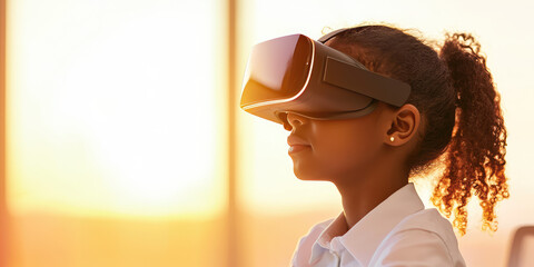A schoolgirl wearing VR goggles sits at the desk during a lesson. Use of virtual reality technologies in teaching.
