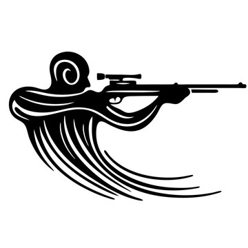 Biathlon athlete aiming rifle, black and white sports art
