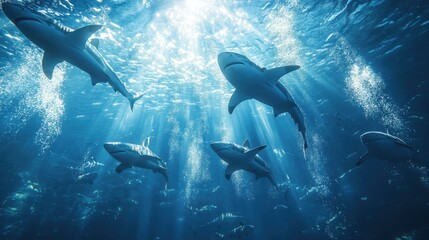 Obraz premium Experience the thrill of dynamic sharks gliding through sunlit waters, surrounded by a vibrant marine life backdrop.