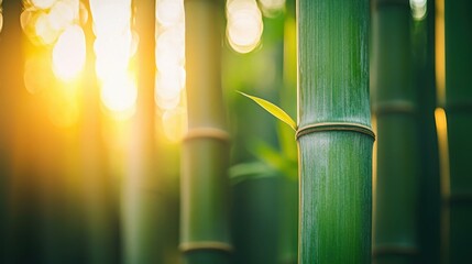 Experience the serene beauty of a bamboo grove, with sunlight casting magical shadows through tall, lush bamboo stalks.