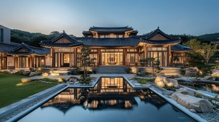 Obraz premium A beautiful traditional Asian house with a reflecting pool at dusk