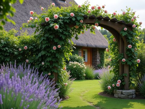Peaceful Garden with Wooden Arch and Climbing Roses, Lavender Bushes, and Thatched Cottage