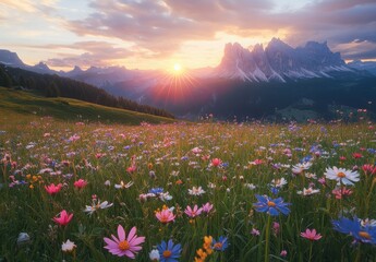 Fototapeta premium Colorful Wildflower Meadow Under a Beautiful Sunrise in the Dolomite Mountains with Dramatic Sky and Scenic Views