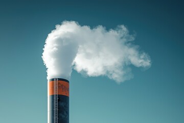 Industrial smokestack emitting thick white smoke against a clear blue sky, symbolizing pollution and industry
