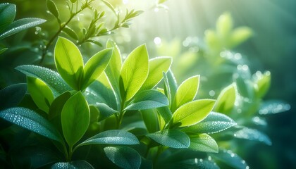 Obraz premium Fresh light green leaves with morning dew, soft natural sunlight, ultra-HD