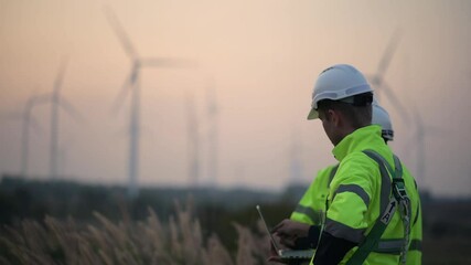 Engineers working on site in wind turbine farm, Wind turbines generate clean energy source, Eco technology for electric, industry environment