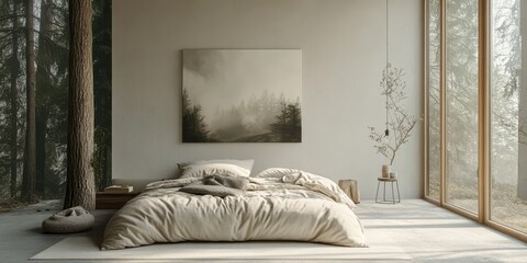 A cozy bedroom with forest views and calming natural tones