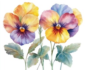 This artwork features beautifully detailed pansies in vibrant yellows, purples, and blues, capturing the essence of nature with rich color and botanical elements