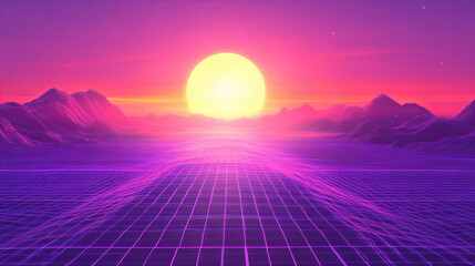 futuristic neon background with glowing pink and purple lights, abstract digital landscape with starry sky and grid pattern, vibrant cyberpunk aesthetic for technology and sci fi themes