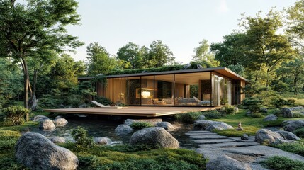 Obraz premium Modern architectural house surrounded by lush landscaping and water feature