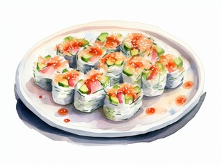 Plate of Veggie Sushi Rolls with Pickled Ginger on White Background